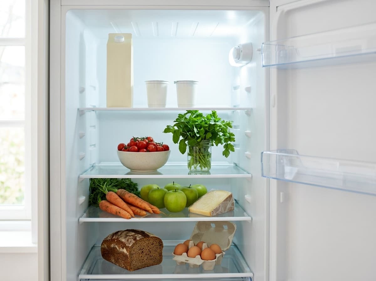 Open fridge stocked with fresh groceries, as Tinni sees it